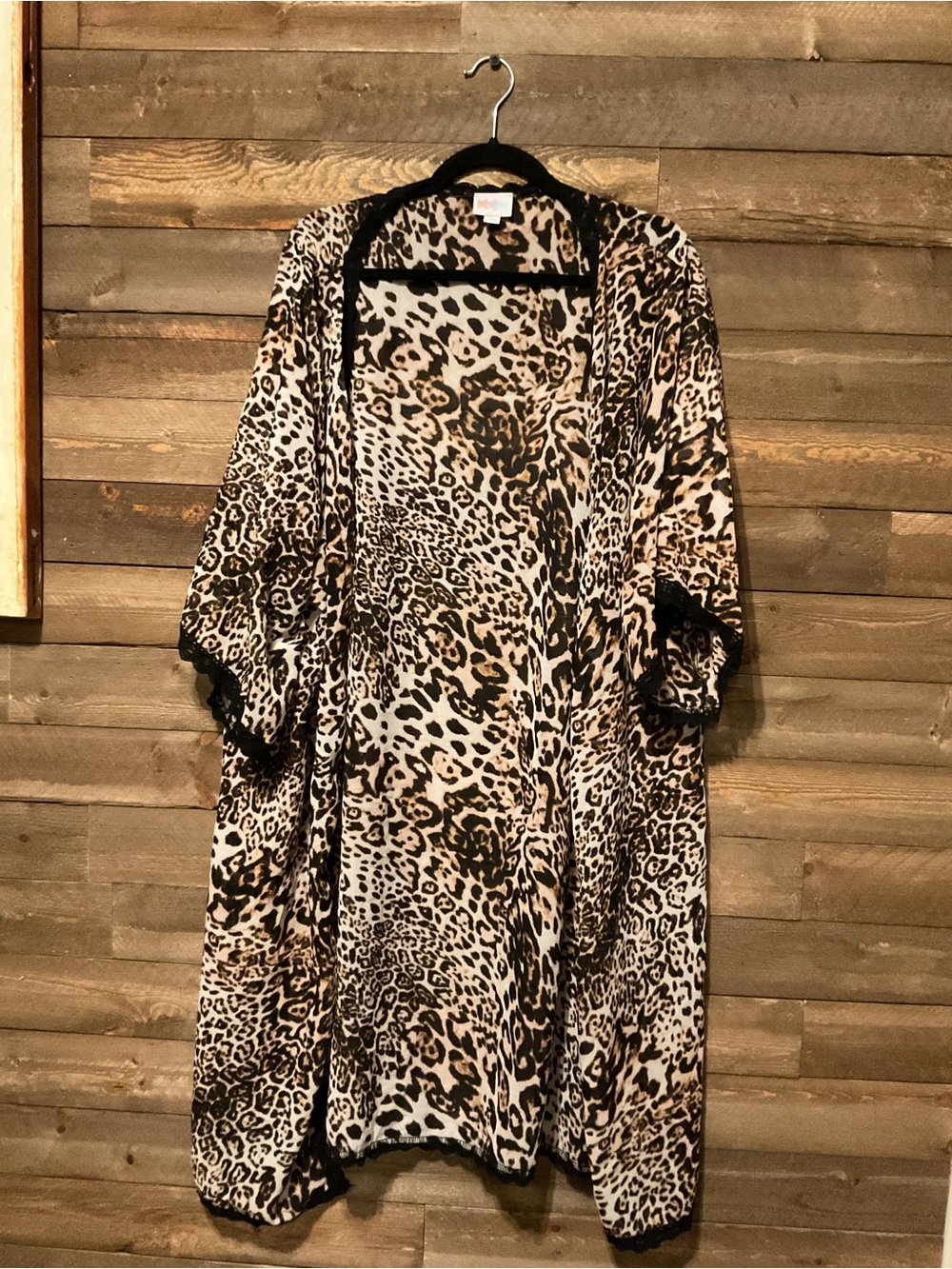 Lularoe Women’s Leopard Print Shirley Black Lace Trim Kimono Size Medium